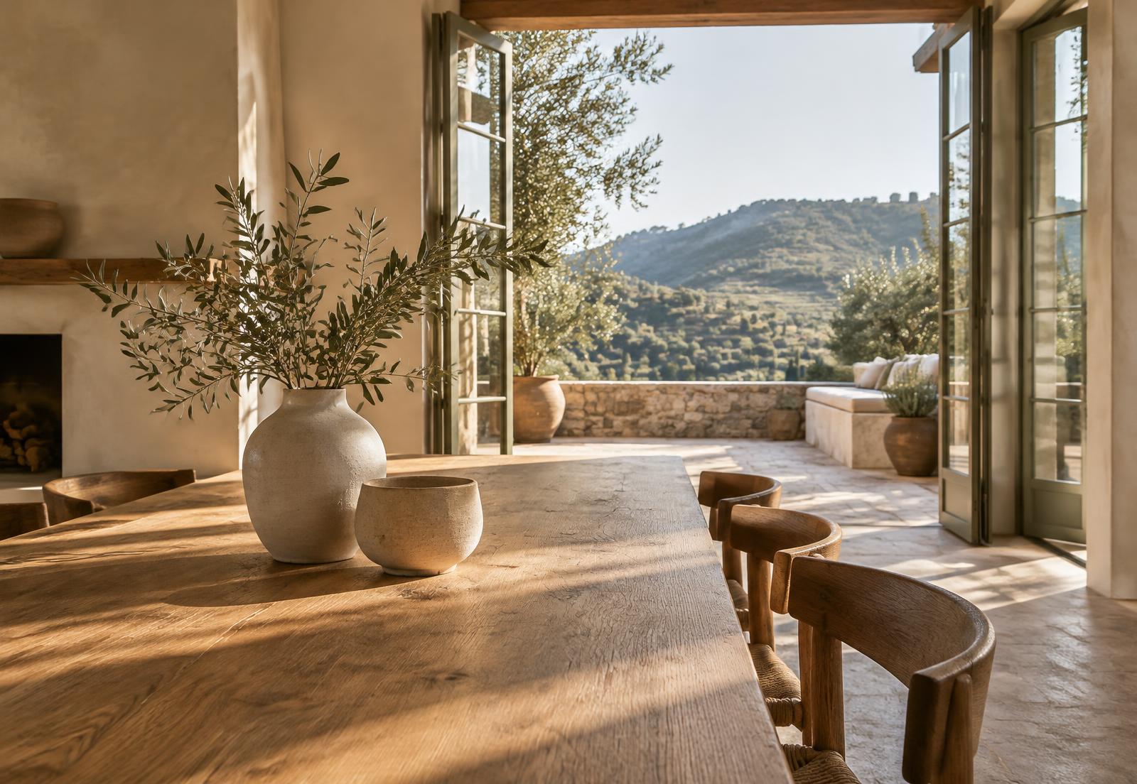 An oak dining table with ceramic vessels opening onto a sunlit terrace and hillside