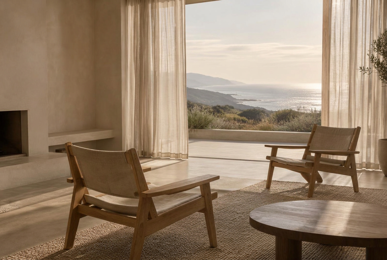 Two oak chairs beside linen curtains overlooking coastal grasses and distant water