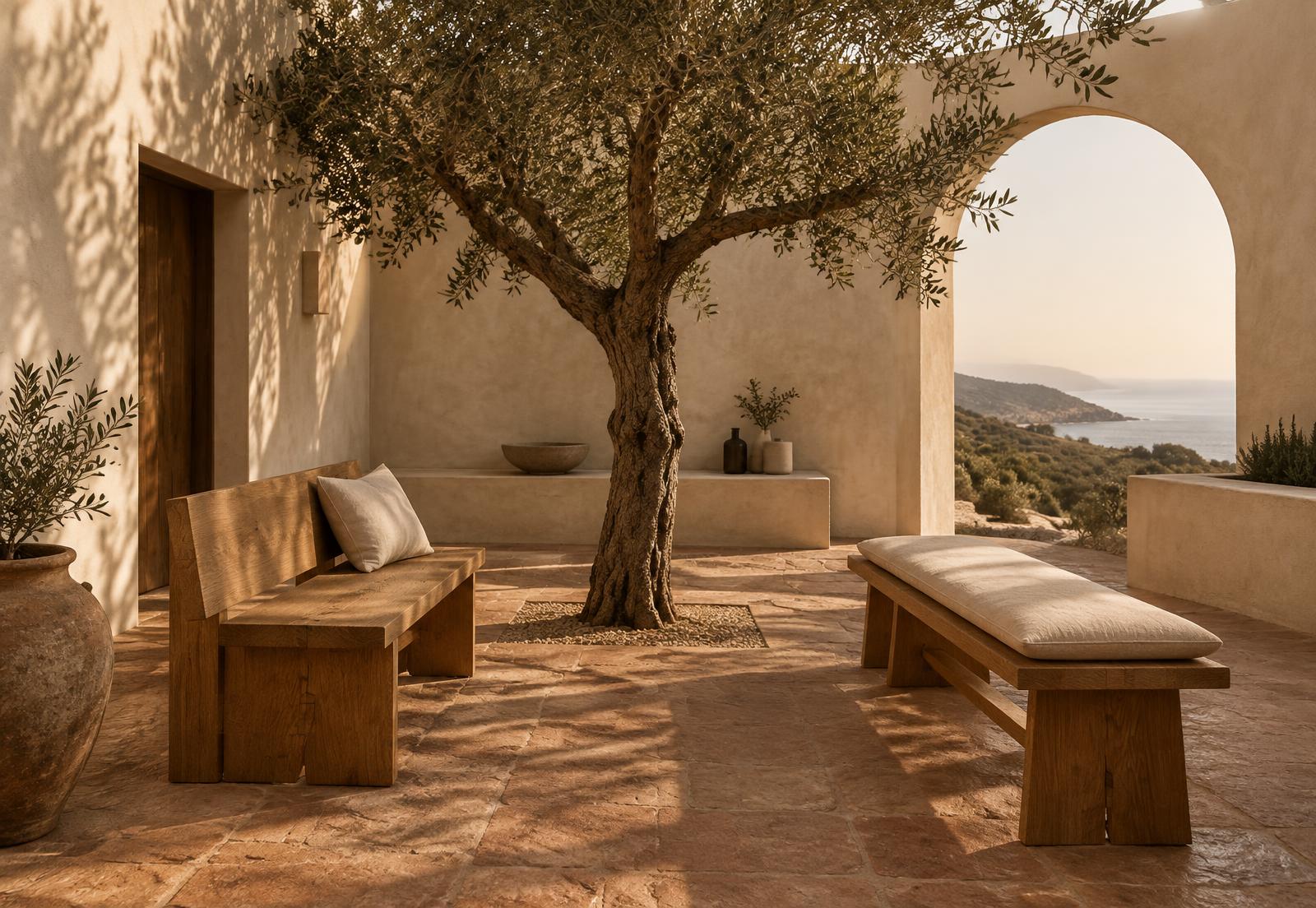 Two oak benches beside an olive tree in a plaster courtyard with a coastal view