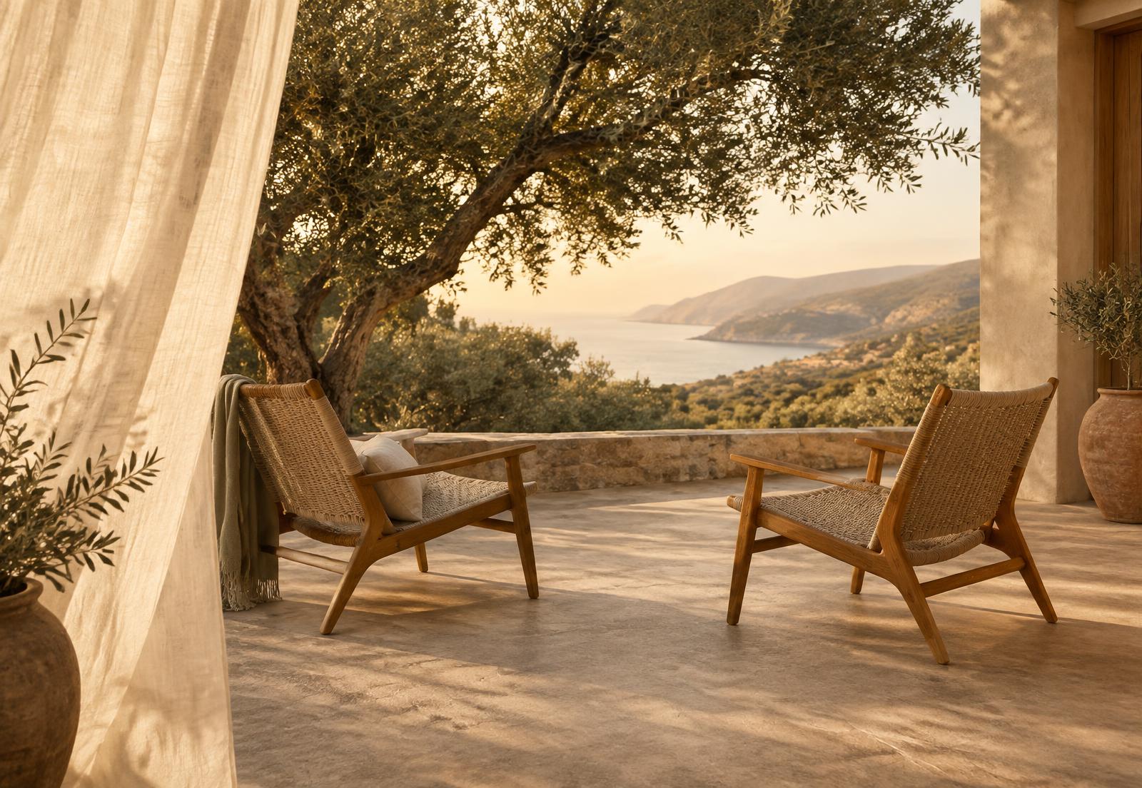 Two woven oak chairs on a stone terrace beneath an olive canopy above the coast