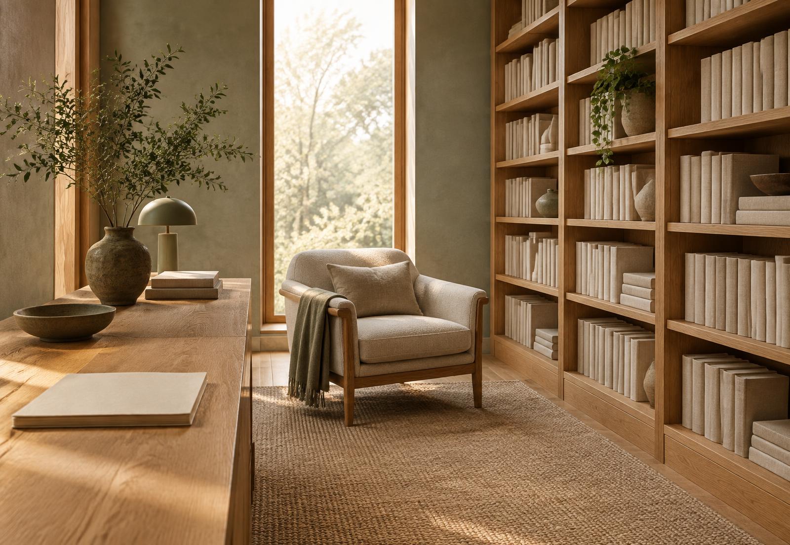 Blank linen-bound books and a reading chair beside a sunlit oak console