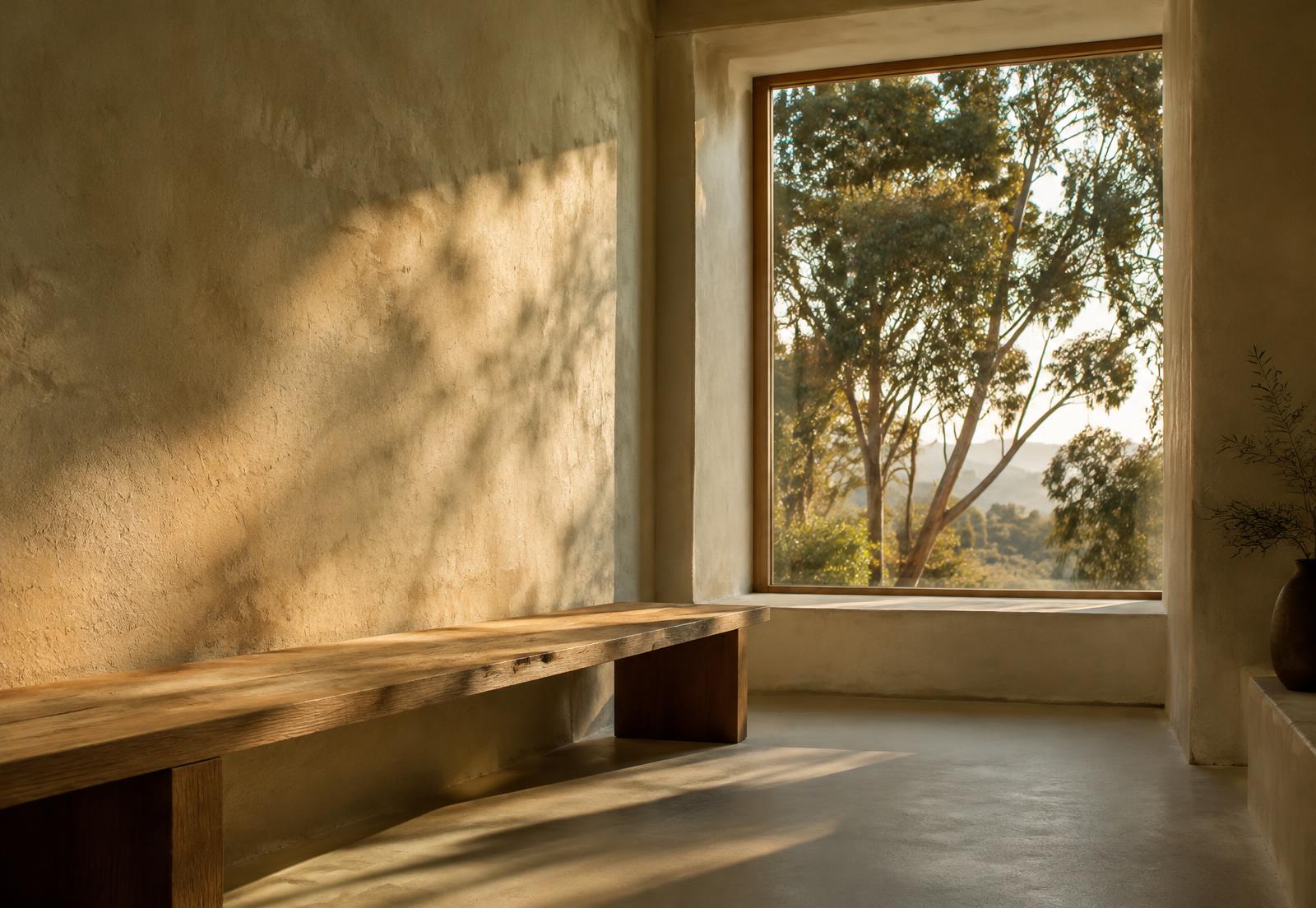 Late light across a plaster wall and an oak bench, with a window onto eucalyptus trees