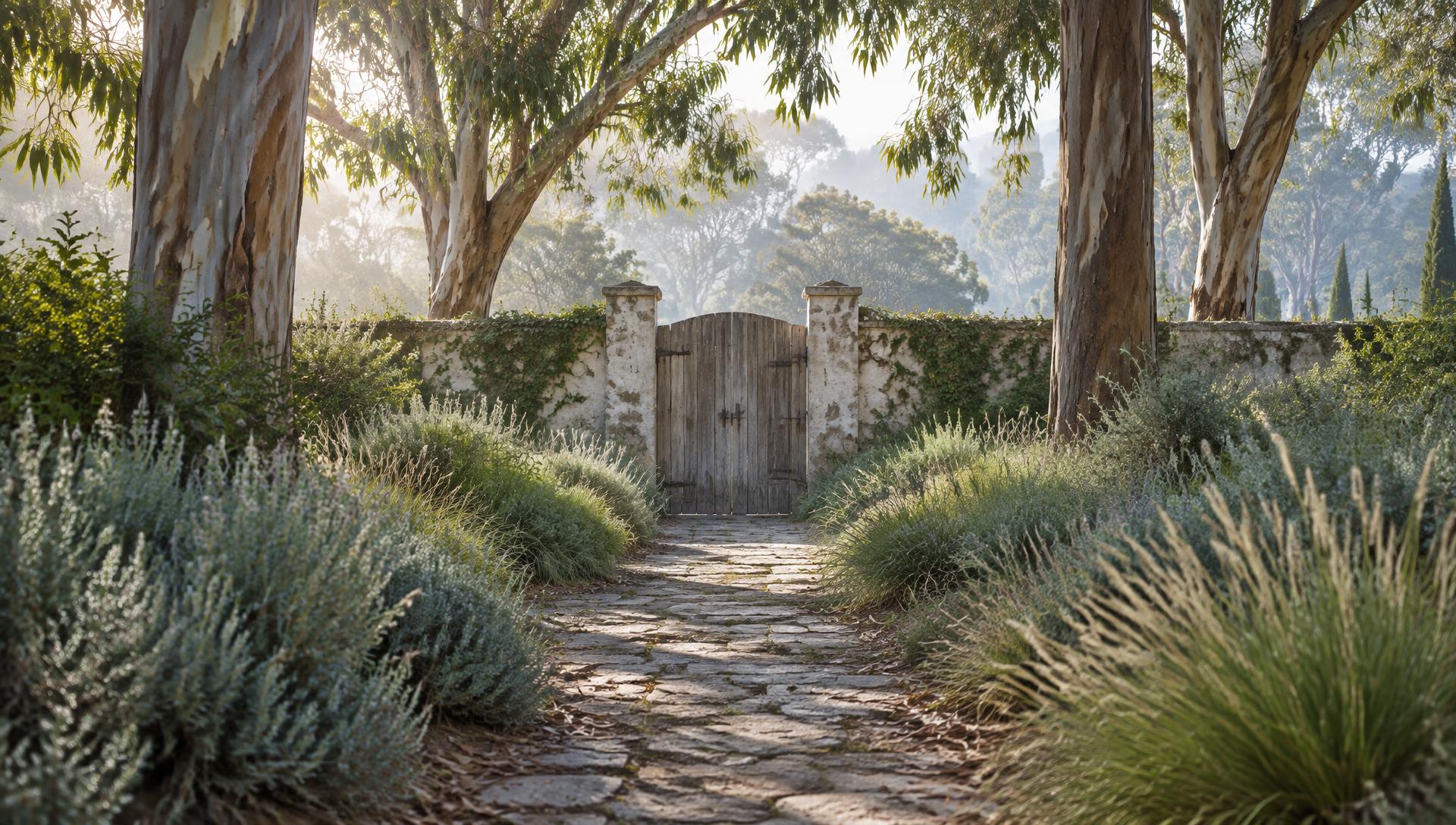 A quiet walled garden path leading to a closed wooden gate under eucalyptus in soft morning light