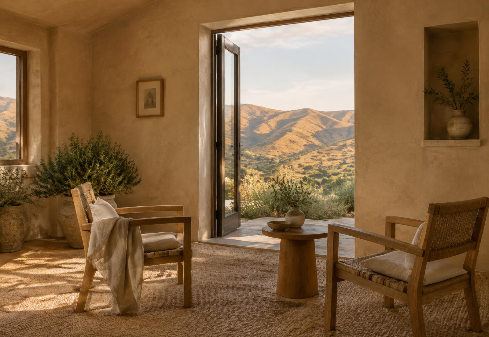 Two oak chairs in a plaster room with an open door onto golden hills