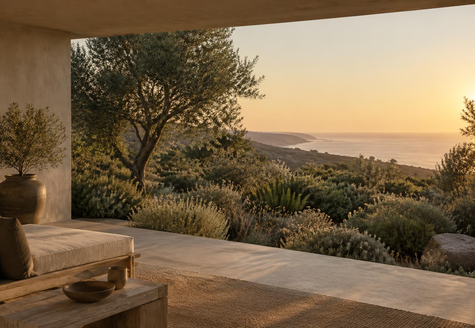 A sheltered plaster terrace opening onto olive trees, coastal sage, and a warm Pacific horizon