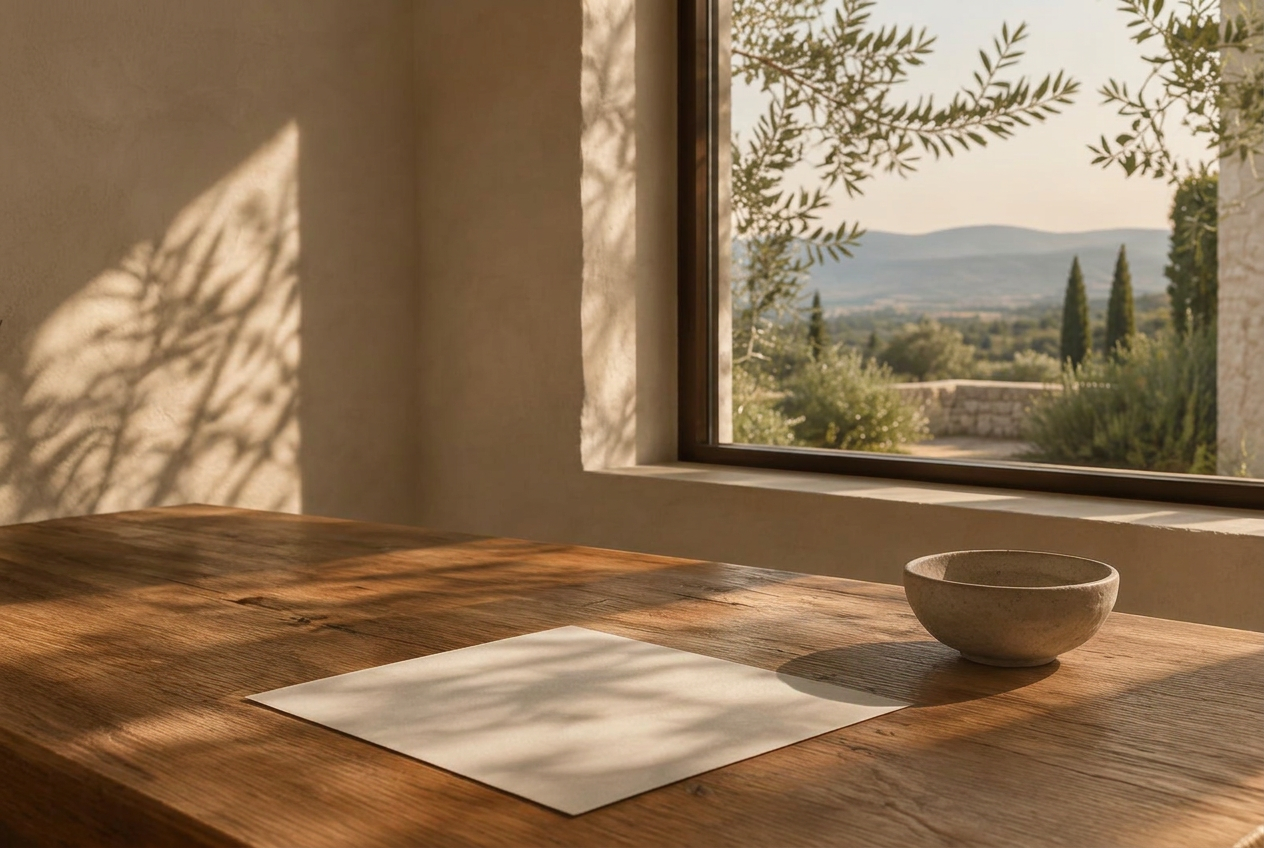 Blank paper and a ceramic bowl on an oak desk overlooking warm hills