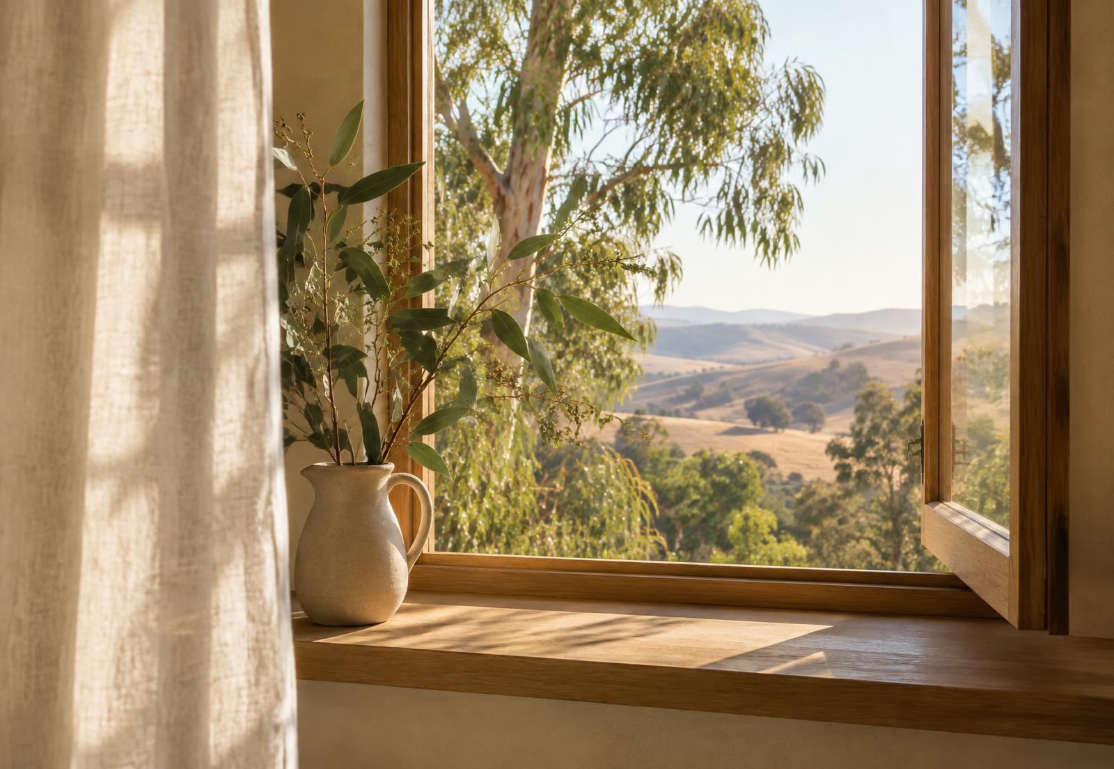 A ceramic pitcher beside an open window with eucalyptus and hills beyond