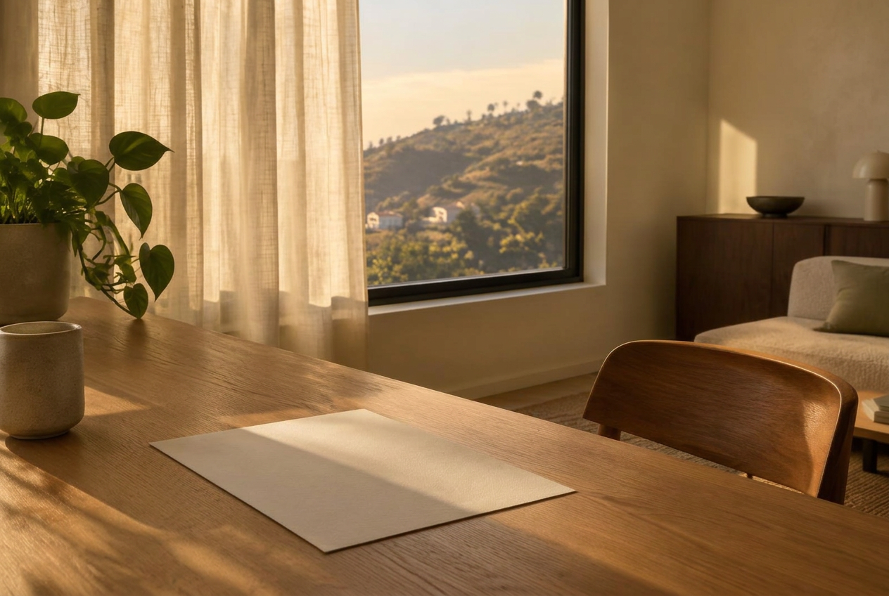 Blank paper on an oak desk beside a plant and a hillside-facing window